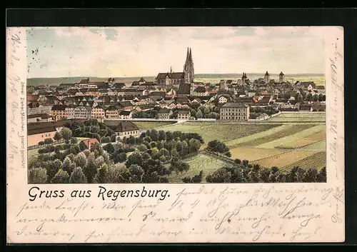 Lithographie Regensburg, Teilansicht mit Kirche