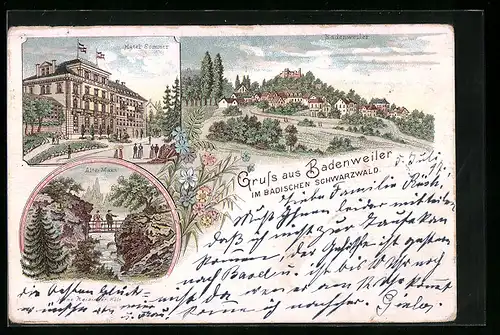 Lithographie Badenweiler /Badischer Schwarzwald, Hotel Sommer, Alter Mann, Ortspartie mit Ruine