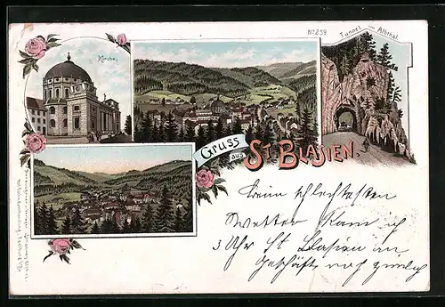 Lithographie St. Blasien, Teilansicht, Kirche, Tunnel im Albthal