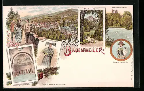 Lithographie Badenweiler, Inneres Marmorbad, Park mit Ruine, Markgräflerin