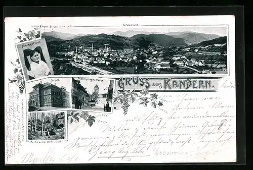 AK Kandern, Schule, Marktplatz mit Kirche, Markgräflerin