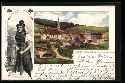 Lithographie Schönwald /Bad. Schwarzwald, Ortspartie mit Kirche, Schönwälderin