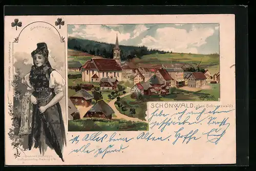 Lithographie Schönwald /Bad. Schwarzwald, Ortspartie mit Kirche, Schönwälderin