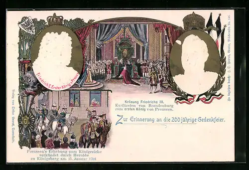Lithographie Preussen, Krönung Friedrichs III., Erhebung Preussens zum Königreich, Portraits