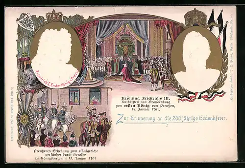 Lithographie Preussen, Krönung Friedrichs III., Erhebung Preussens zum Königreich, Portraits