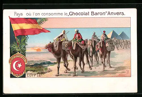 AK Reklame für Chocolat Baron, Kamelkarawane vor Pyramiden