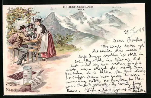 Lithographie Berner Oberland, Cacao Suchard, Eiger, Münch und Jungfrau