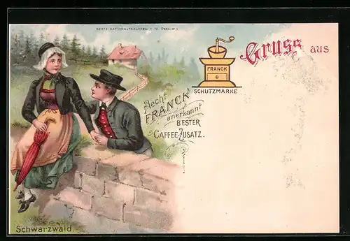 AK Paar in Schwarzwälder Tracht mit Reklame für Aecht Franck Caffee-Zusatz