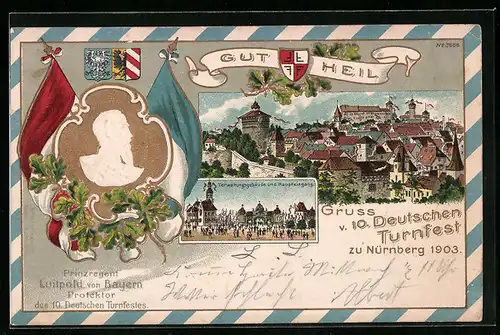 Lithographie Nürnberg, 10. Deutsches Turnfest 1903, Teilansicht, Prinzregent Luitpold von Bayern