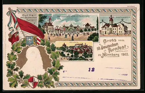 Lithographie Nürnberg, 10. Deutsches Turnfest 1903, Turnvater Jahn, Verwaltungsgebäude mit Haupteingang