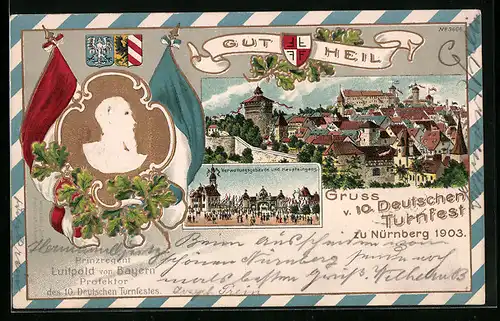 Lithographie Nürnberg, 10. Deutsches Turnfest 1903, Teilansicht, Prinzregent Luitpold von Bayern