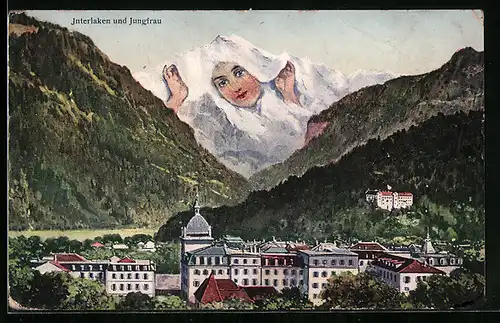 AK Interlaken, Ortsansicht mit Jungfrau, Berg mit Gesicht / Berggesichter