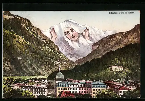 AK Interlaken, Ortsansicht mit Jungfrau, Berg mit Gesicht / Berggesichter