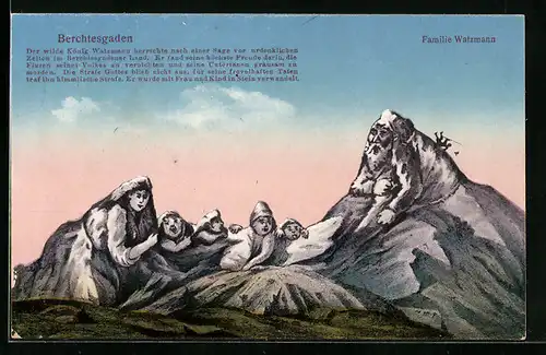 Künstler-AK Berchtesgaden, Der wilde König Watzmann mit Familie, Berggesichter