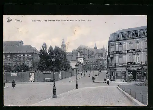 AK Mons, Pensionnat des Dames Ursulines et rue de la Houssiere