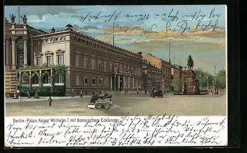 Lithographie Berlin, Palais Kaiser Wilhelm I. mit historischem Eckfenster
