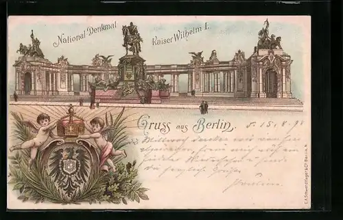 Lithographie Berlin, National-Denkmal Kaiser Wilhelm I.