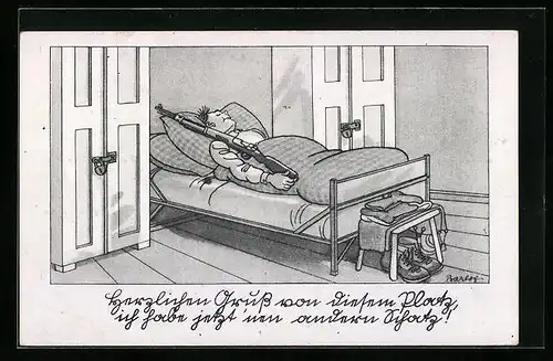 Künstler-AK Ferdinand Barlog: Soldat schläft mit Gewehr als liebstem Schatz im Bett
