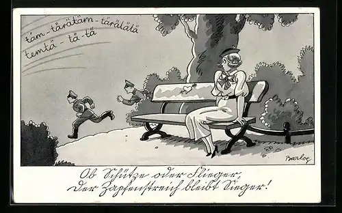 Künstler-AK Ferdinand Barlog: Soldaten werden von Signal gerufen, Einsame Dame auf Parkbank