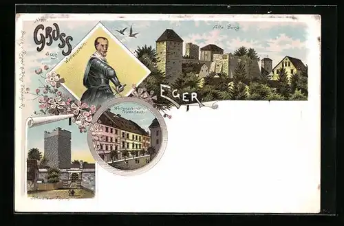 Lithographie Eger, Wallenstein`s Todenhaus, Schwarzer Turm