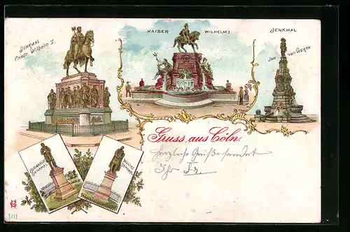 Lithographie Köln, Denkmal Kaiser Wilhelm I., Denkmal Jan van Werth, Bismarck- und Moltke-Denkmal