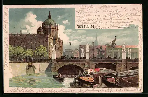 Lithographie Berlin, kleine Boote an der Schlossbrücke