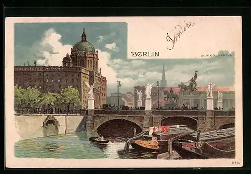 Lithographie Berlin, Passanten auf der Schlossbrücke