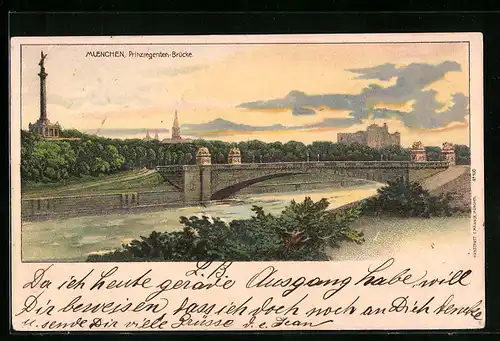 Lithographie München, Blick auf die Prinzregenten-Brücke mit Friedensengel