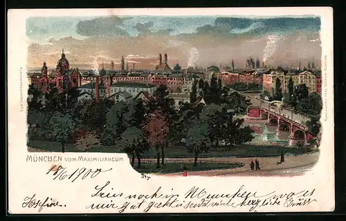 Lithographie München, Stadttotale vom Maximilianeum aus