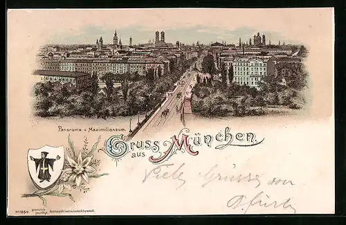 Lithographie München, Panoramaansicht der Stadt vom Maximilianeum aus, Münchner Kindl