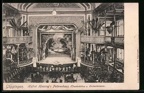 AK Göggingen, Hofrat Hessing`s Palmenhaus, Theaterbühne und der Orchesterraum