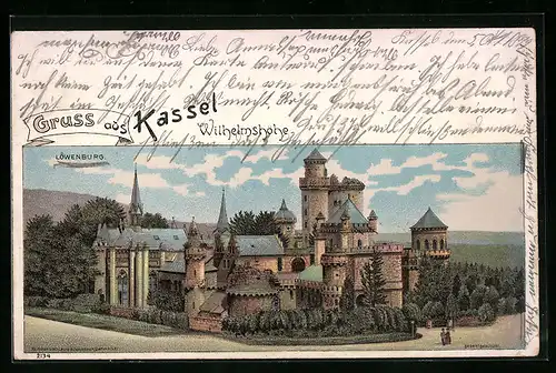 Lithographie Kassel-Wilhelmshöhe, Blick auf die Löwenburg