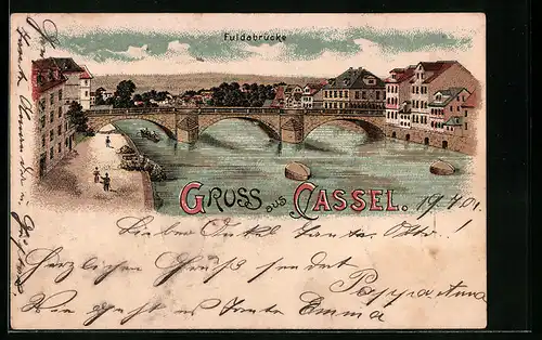 Lithographie Kassel, Blick auf die Fuldabrücke