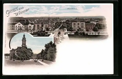 Lithographie Weimar, Generalansicht der Stadt, Passanten auf dem Platz vor dem Schloss