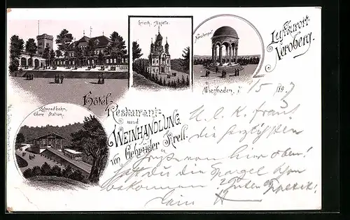 Lithographie Wiesbaden, Neroberg, Nerotempel, die griech. Kapelle, Obere Station der Zahnradbahn