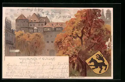 Künstler-AK Stuttgart, Herbstliche Bäume auf dem Schlossplatz, Wappen