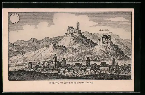 Künstler-AK Nassau, Stadtansicht im Jahre 1645, Blick zum Stein Schloss, nach Merian