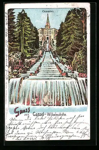 Lithographie Cassel-Wilhelmshöhe, am Fusse der Cascaden