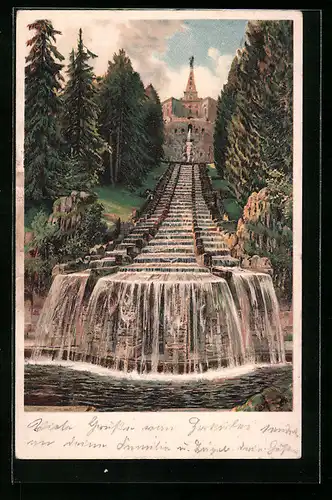 Lithographie Cassel-Wilhelmshöhe, vor der Cascade