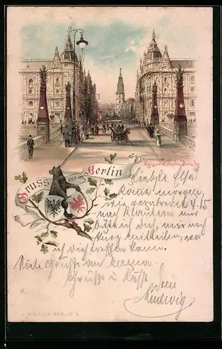 Lithographie Berlin, Kutschen und Passanten auf der Kaiser-Wilhelm-Brücke