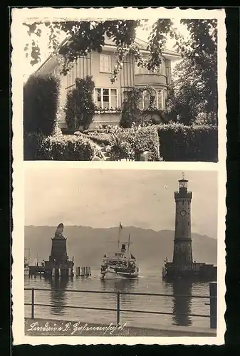 AK Lindau, Leuchtturm und Löwendenkmal an der Hafeneinfahrt