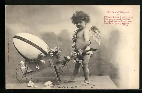 AK Osterengel fährt Karre mit Osterei