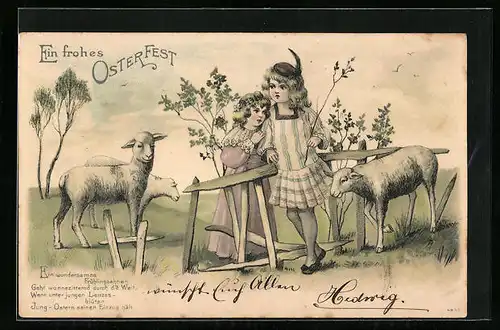 AK Mädchen mit Lämmchen zu Ostern