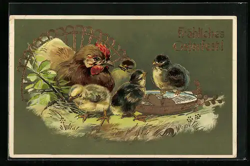 AK Fröhliches Osterfest, Osterküken mit Huhn