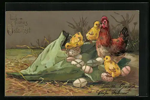 AK Osterküken mit Ostereiern zum Feste