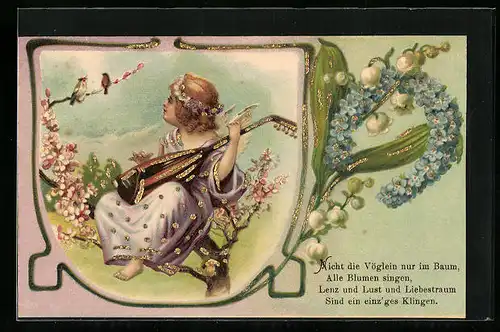 AK Engelchen spielt die Laute, Hufeisen mit Vergissmeinnicht