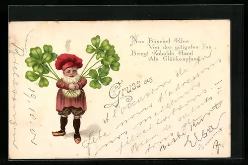 AK Zwerg mit Kleeblättern