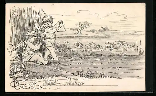 AK Engel musizieren am Teich mit Fröschen
