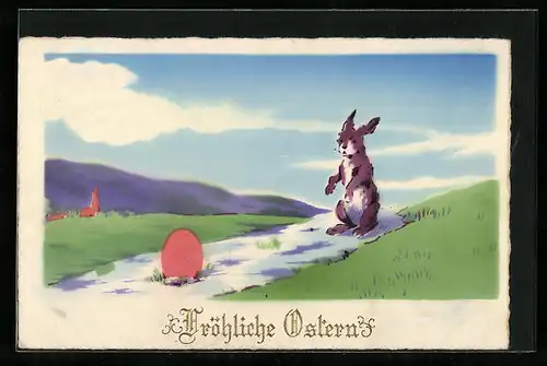 AK Osterhase mit Ei auf dem Weg