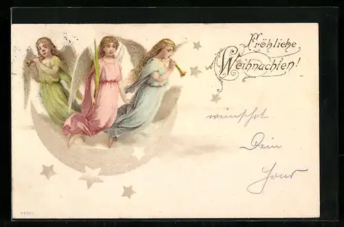 AK Weihnachtsengel mit Fanfaren und Palmzweig